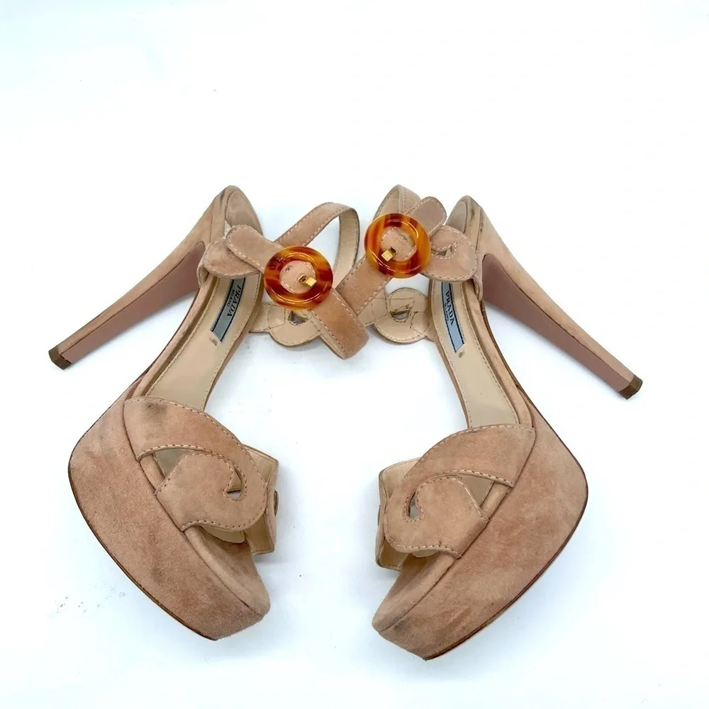 Prada Beige/ Tan Suede leather platform strappy ankle strap sandals heels 37